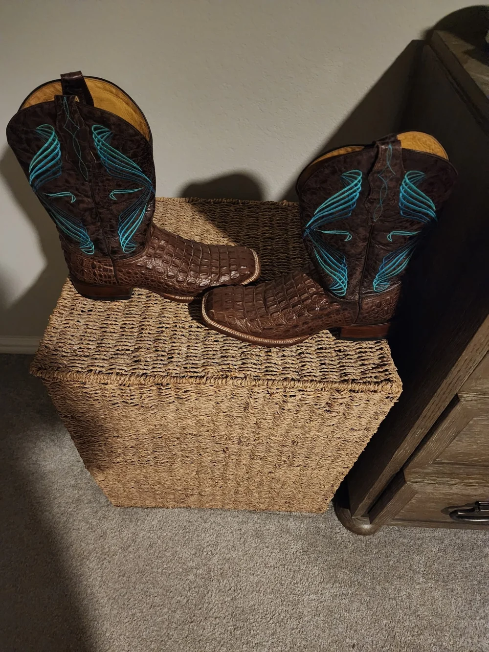Brown Crocodile-Embossed Western Boots with Turquoise Stitching